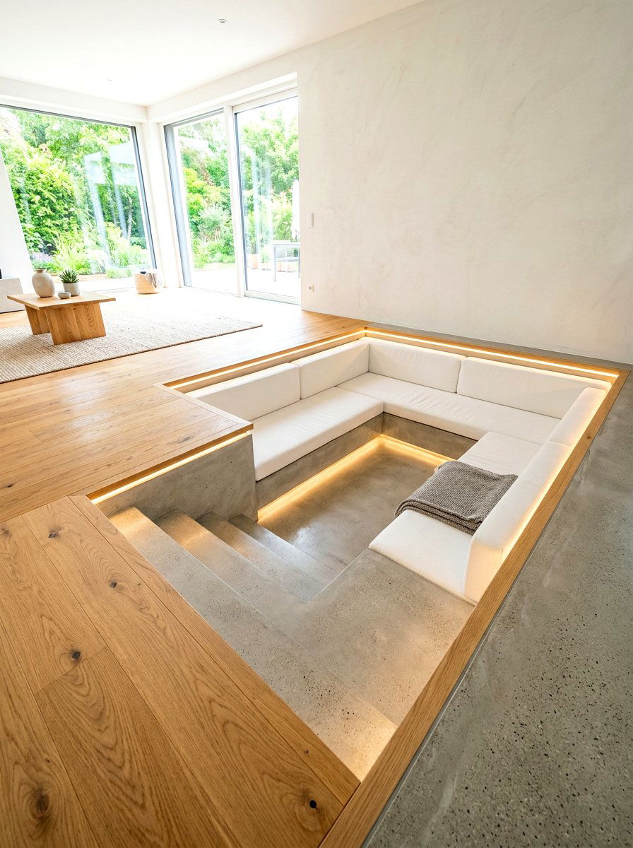 Minimalist Recessed Seating Area - 30 step down living room ideas