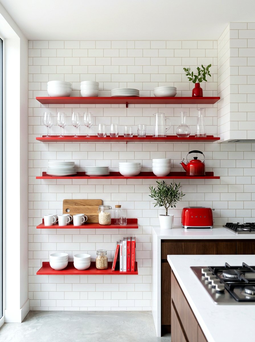 Minimalist Red Kitchen Shelving - 30 tomato red kitchen ideas