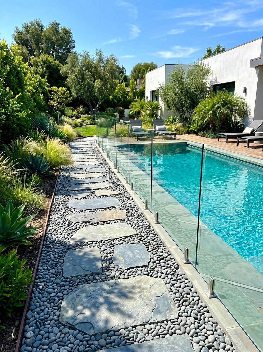 Minimalist River Rock Path - 30 pool fence landscaping ideas