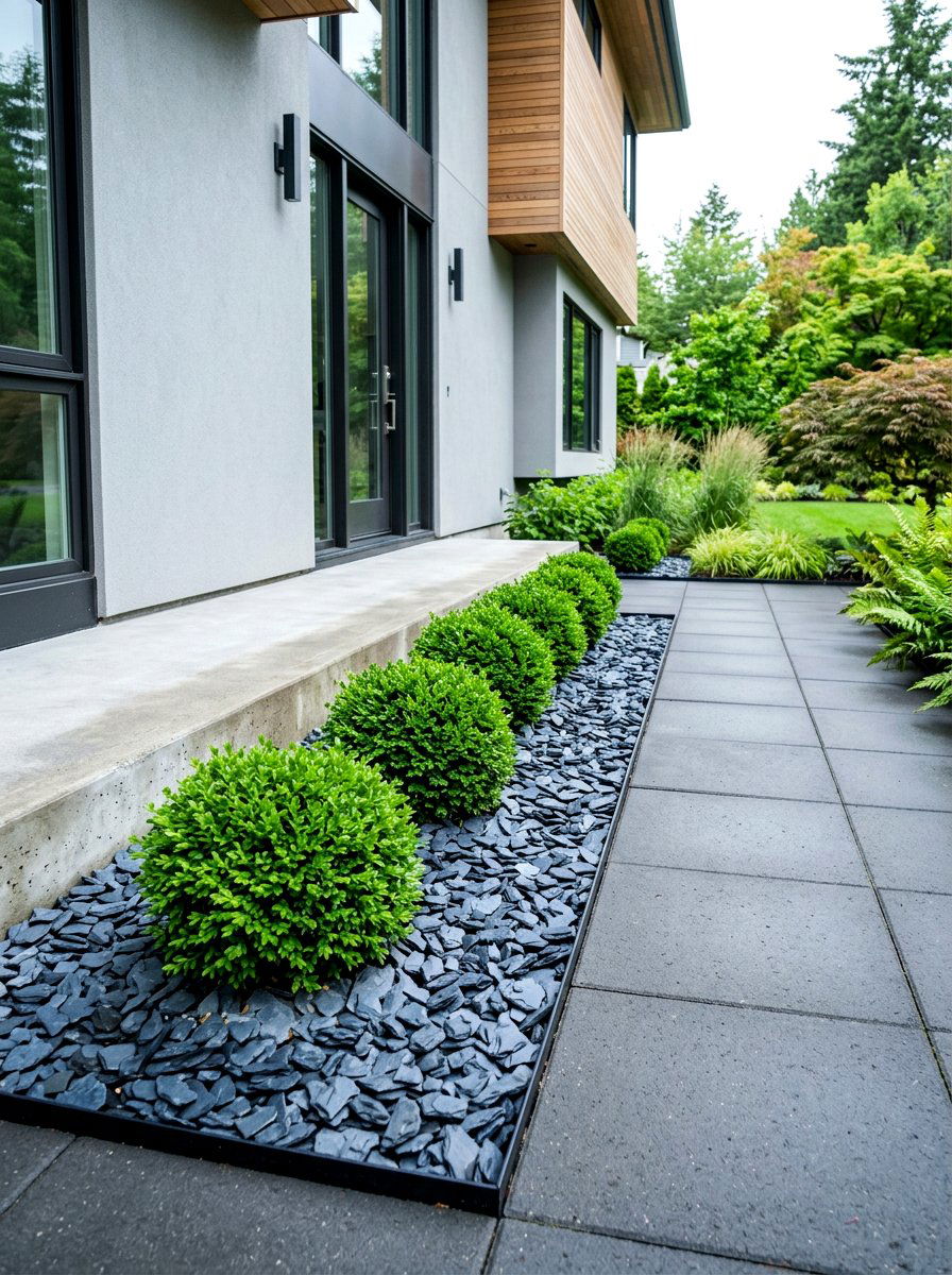 Minimalist Slate Chip Border - 30 gravel front yard landscaping ideas