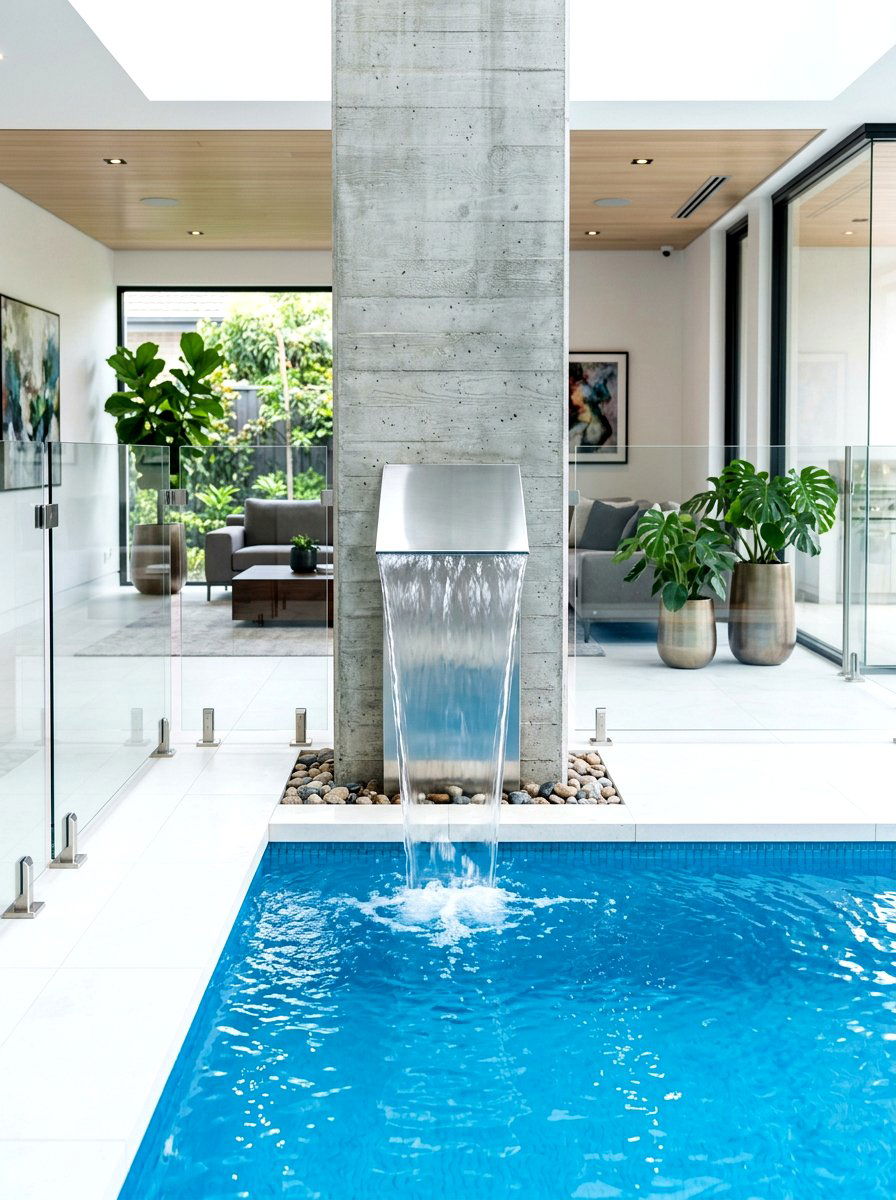 Minimalist Stainless Steel Waterfall - 30 pool waterfall ideas