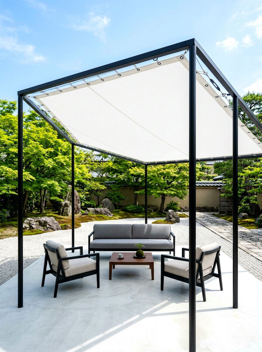 Minimalist Steel Frame with Canvas Tension - 30 rainproof patio ideas