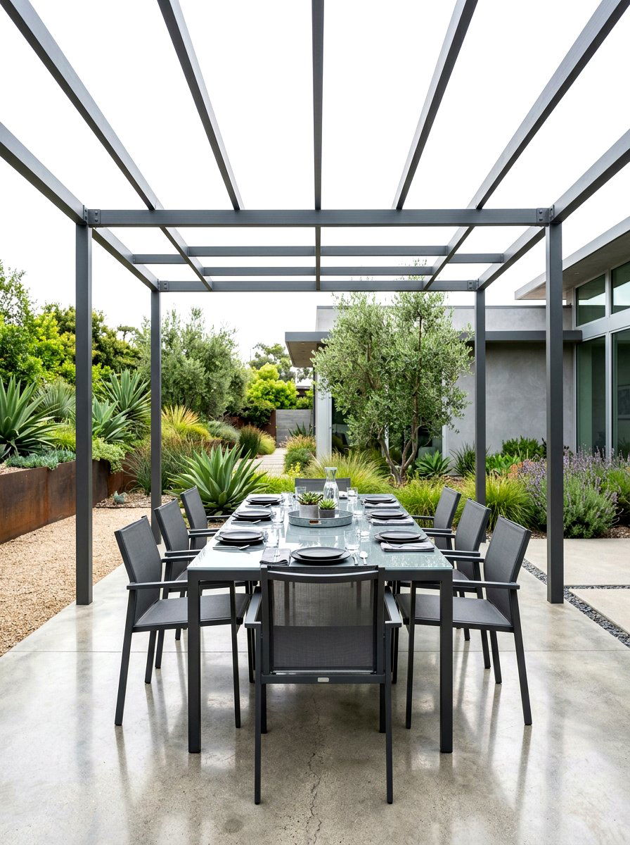 Minimalist Steel Pergola - 30 pergola dining backyard ideas
