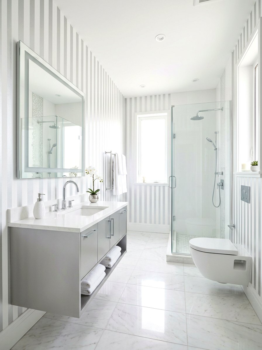 Minimalist White And Silver Striped Bathroom - 30 striped bathroom wallpaper ideas