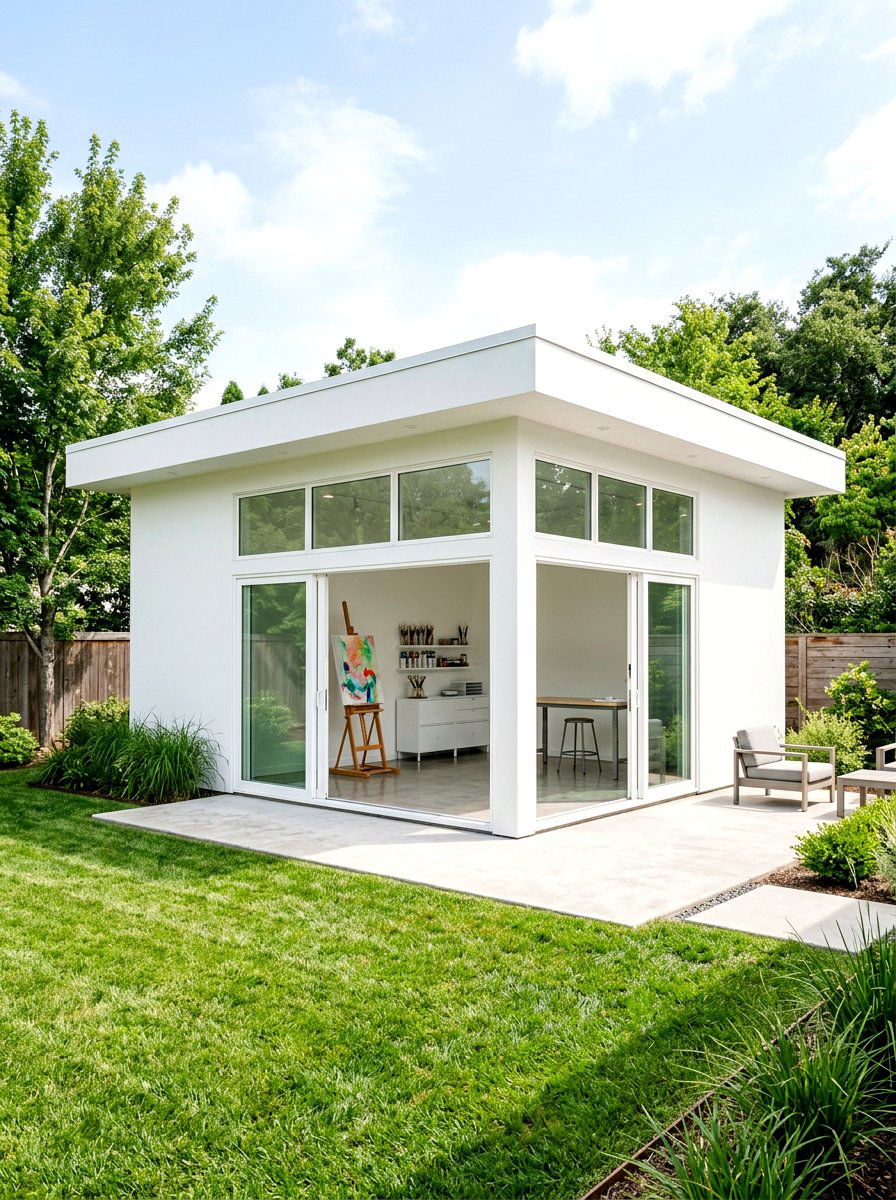 Minimalist White Art Studio - 30 backyard workshop shed ideas