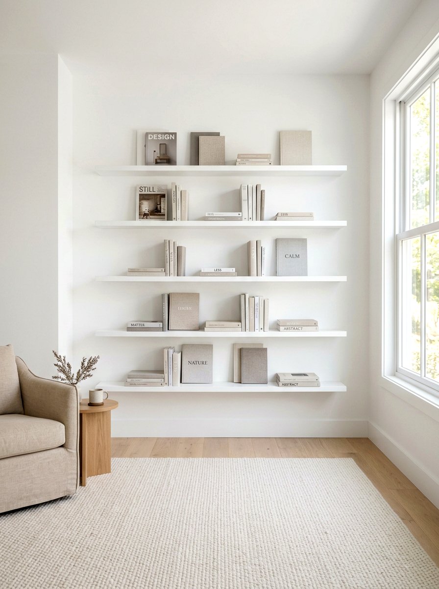 Minimalist White Book Ledges - 30 nursery library wall ideas