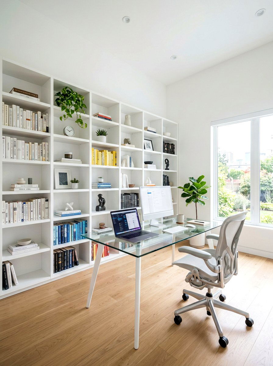 Minimalist White Bookshelf Wall Office - 30 bookshelf wall office ideas