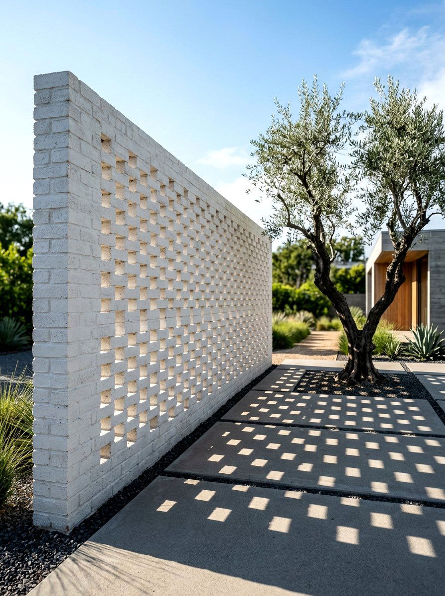Minimalist White Brick Screen - 30 limewashed wall backyard ideas