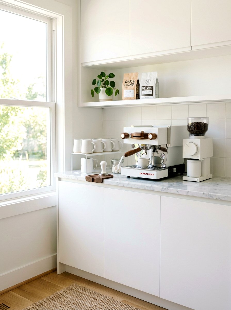 Minimalist White Coffee Station - 30 aesthetic home cafe setup ideas