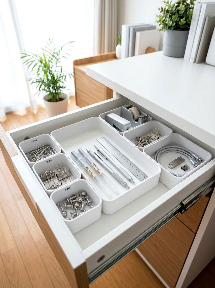 Minimalist White Drawer Organizers - 30 desk drawer organization ideas