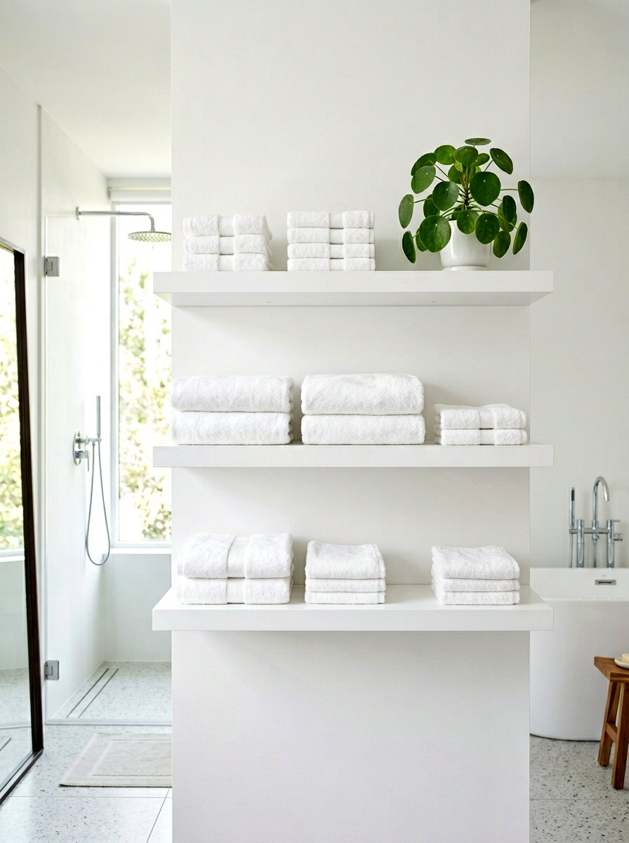 Minimalist White Floating Shelves - 30 bathroom linen shelf ideas