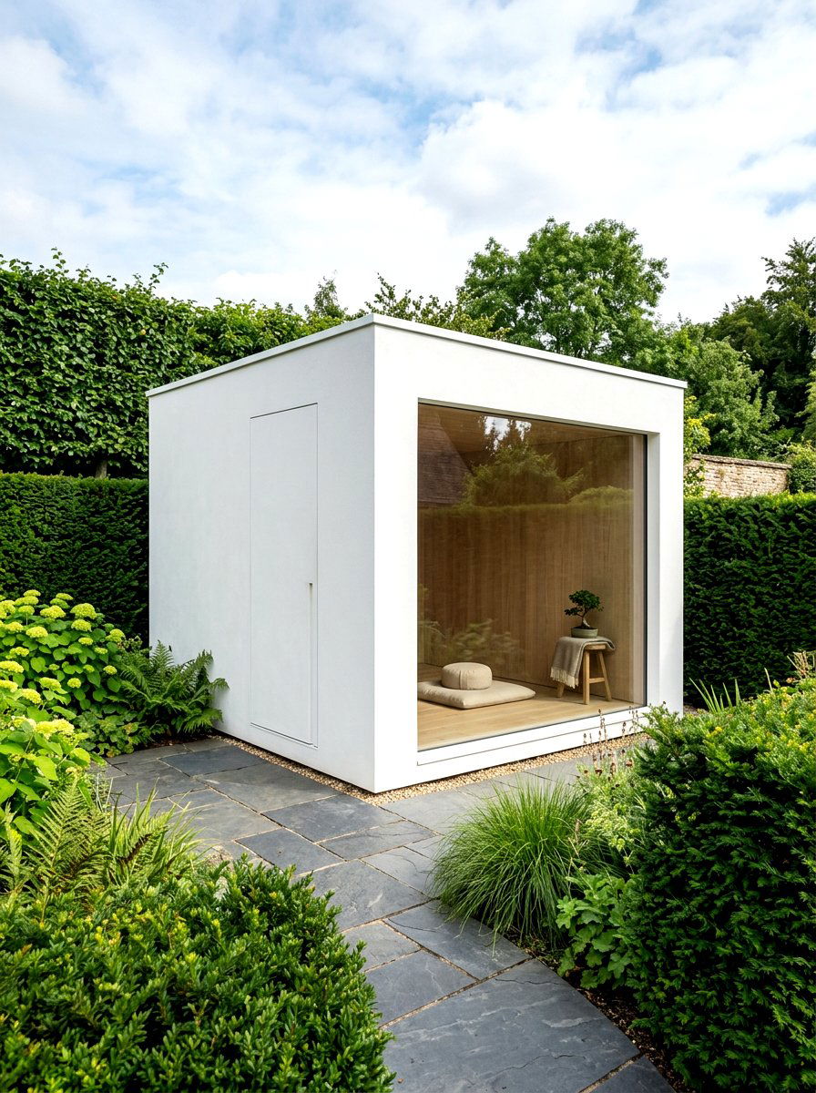 Minimalist White Garden Cube - 30 outdoor garden room ideas