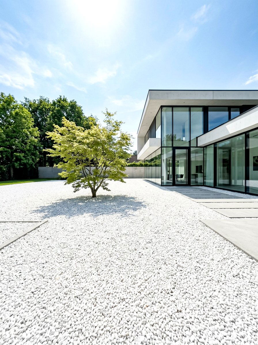Minimalist White Gravel Lawn - 30 rock mulch front yard ideas