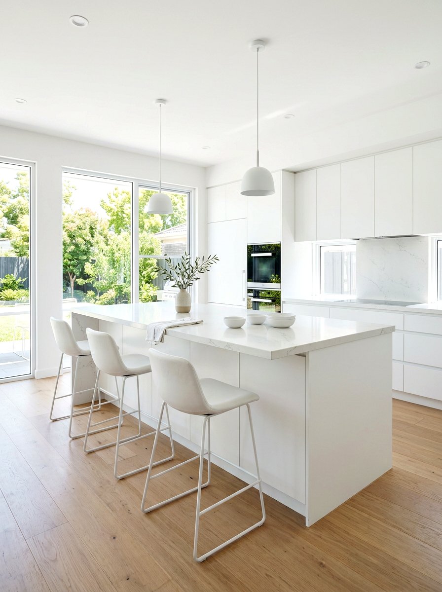 Minimalist White Island Bench - 30 banquette kitchen island ideas