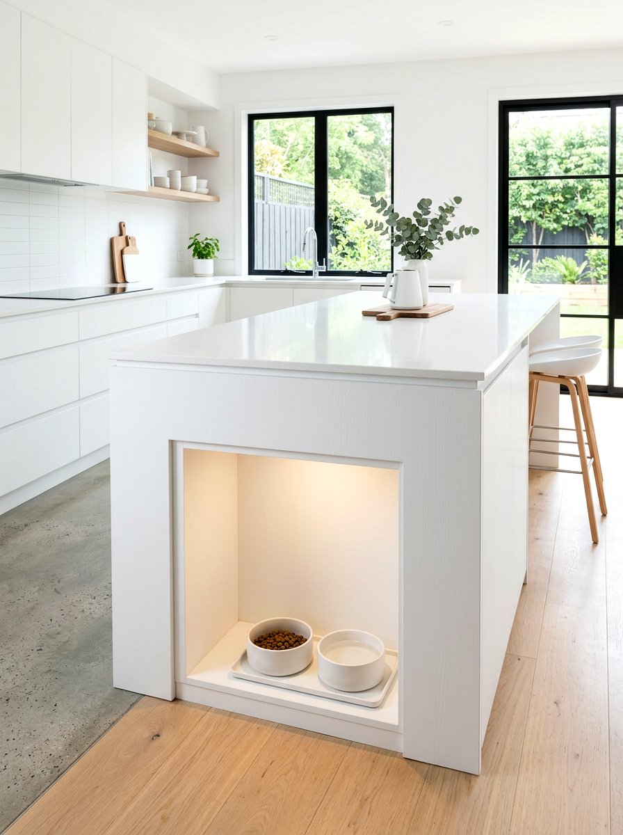 Minimalist White Kitchen Pet Niche - 30 aesthetic pet station kitchen ideas