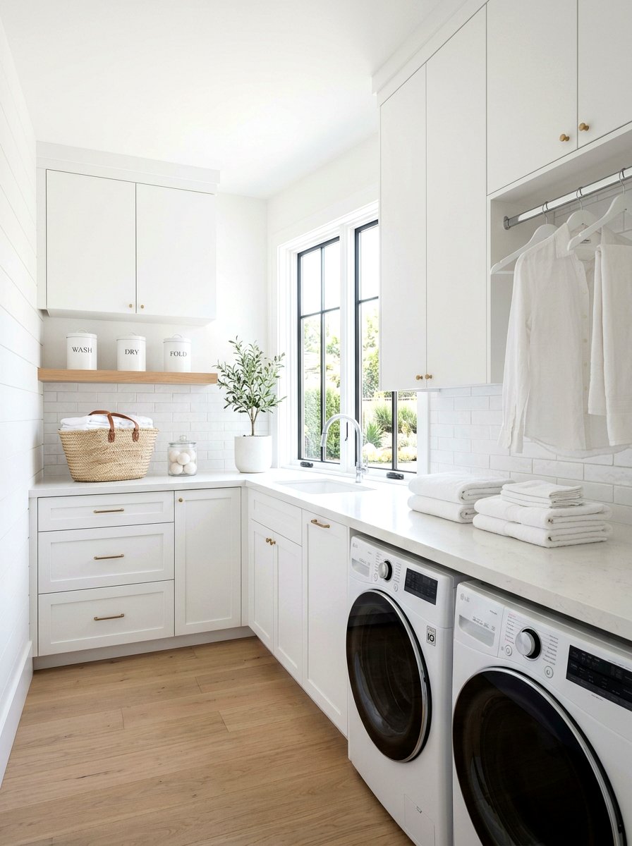 Minimalist White Laundry Folding Area - 30 folding station laundry ideas