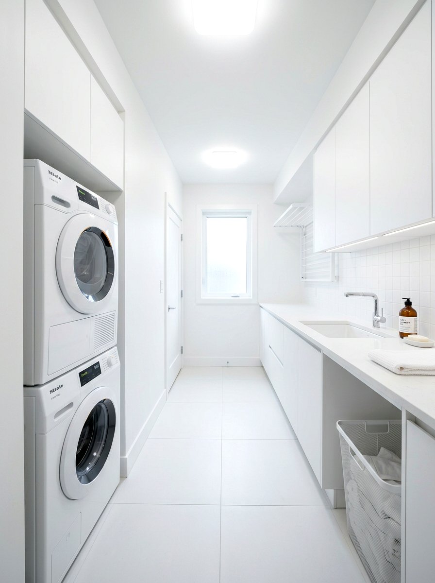 Minimalist White Laundry Room - 30 stacked washer dryer ideas