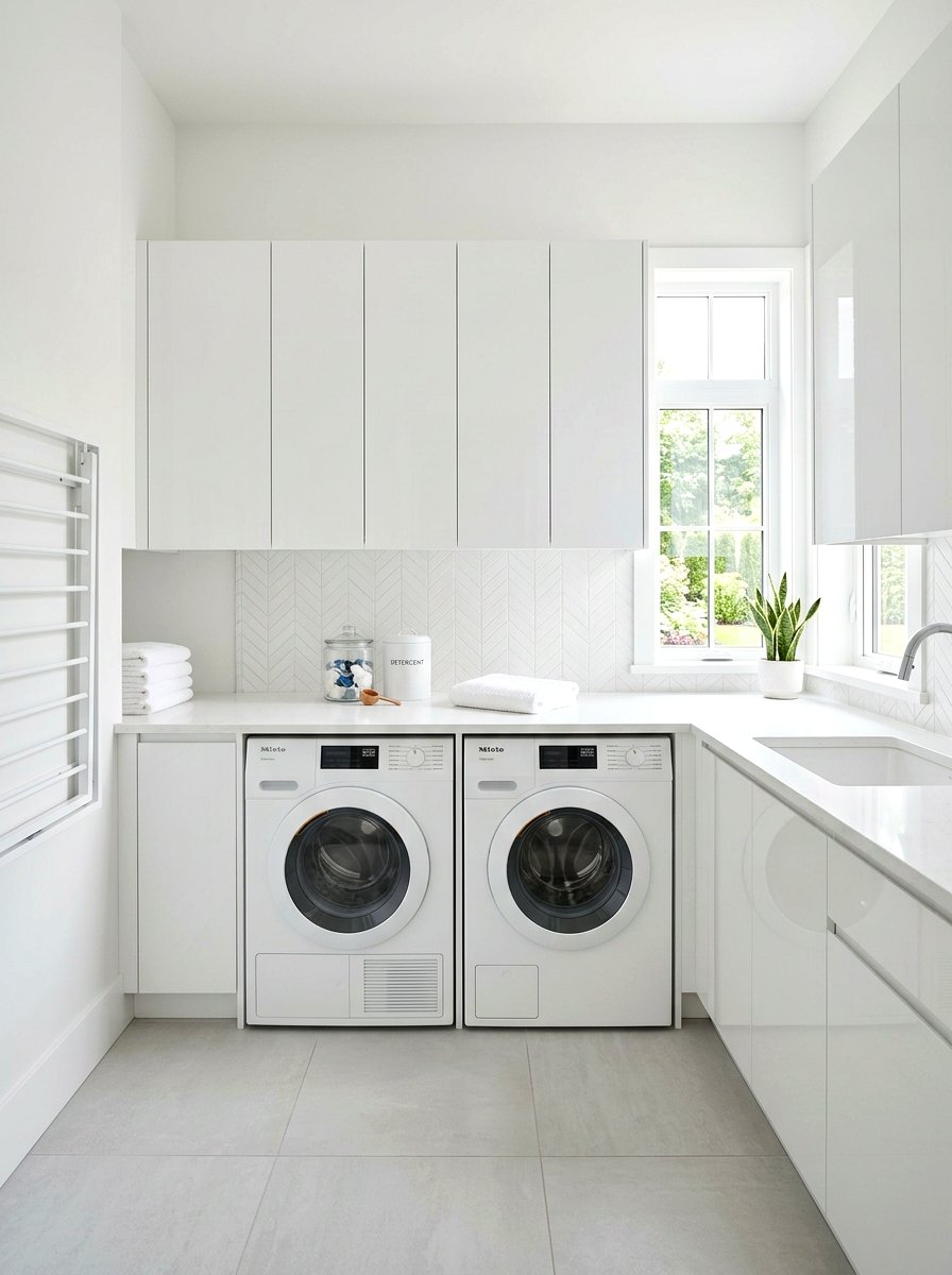 Minimalist White Laundry Space - 30 side by side laundry ideas