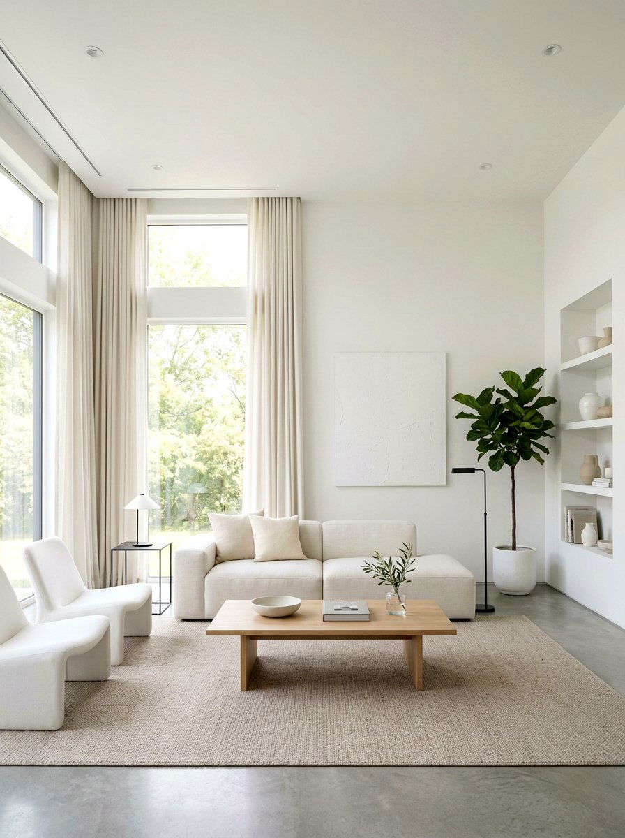Minimalist White Living Room - 30 tailored drapery living room ideas