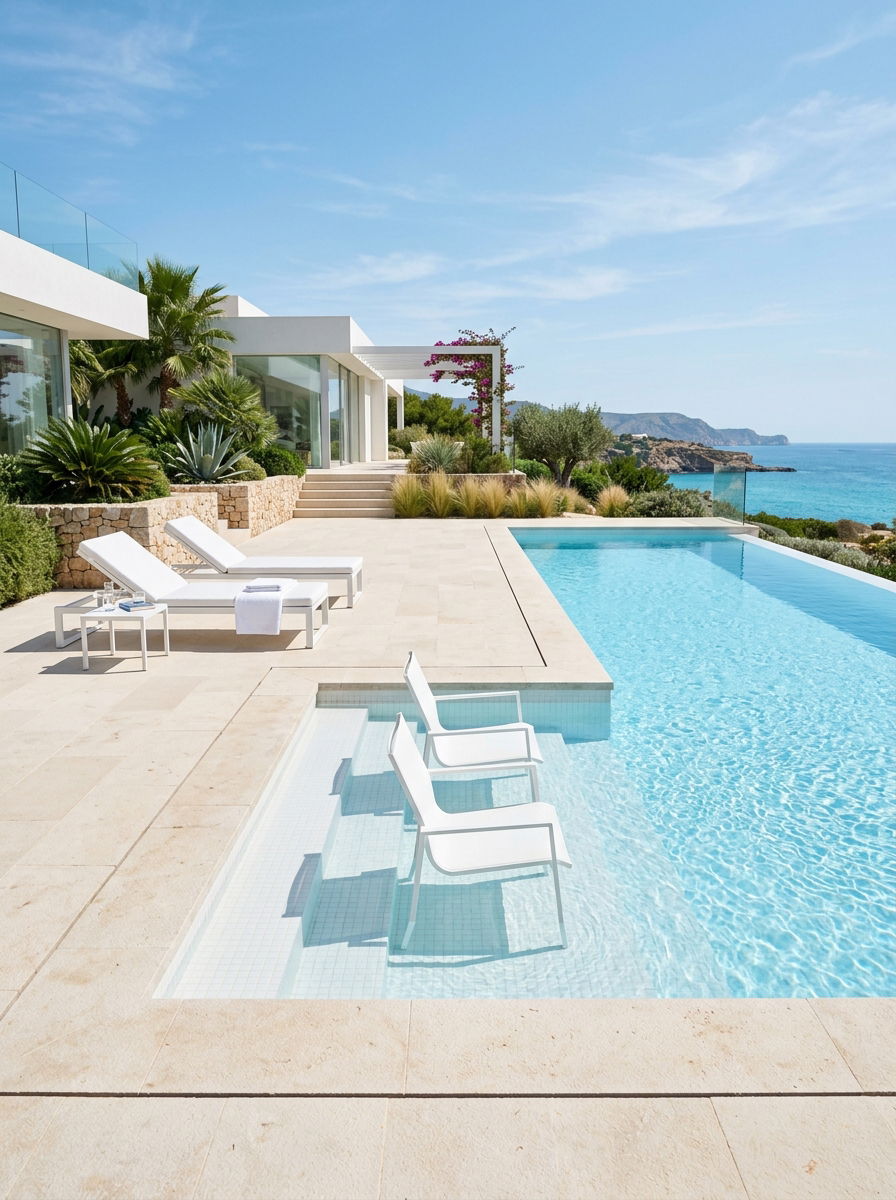 Minimalist White Lounger Pool Entry - 30 pool ledge lounger ideas