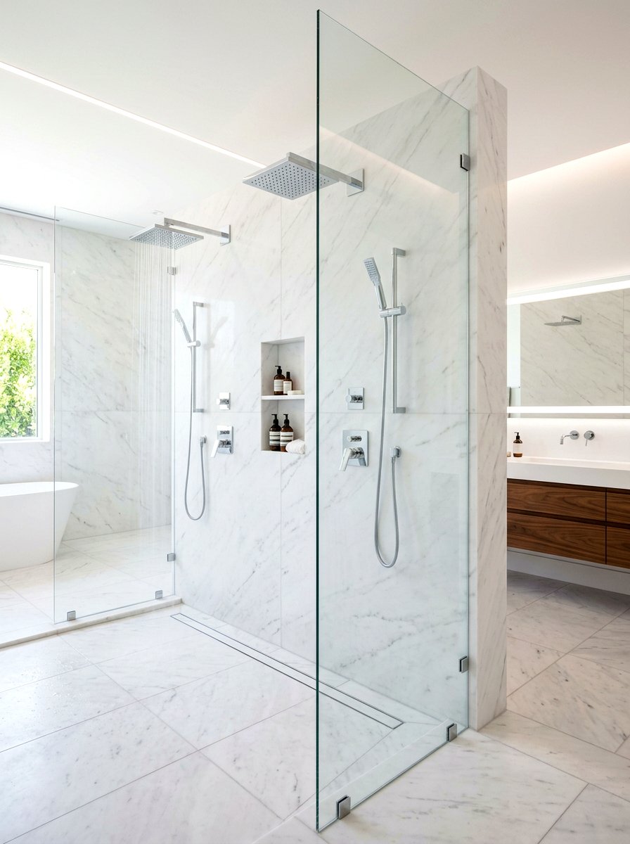 Minimalist White Marble Double Shower - 30 double shower head ideas