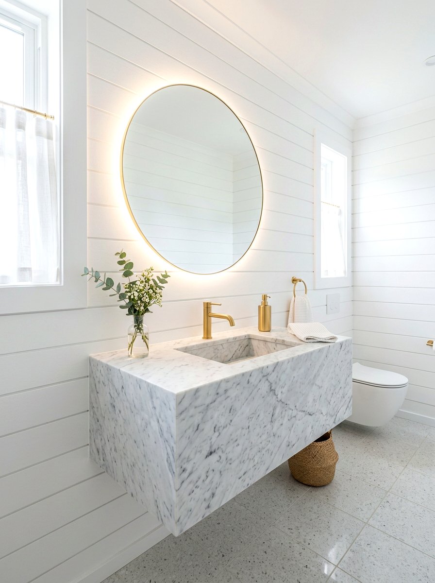 Minimalist White Marble Vanity - 30 integrated stone vanity ideas