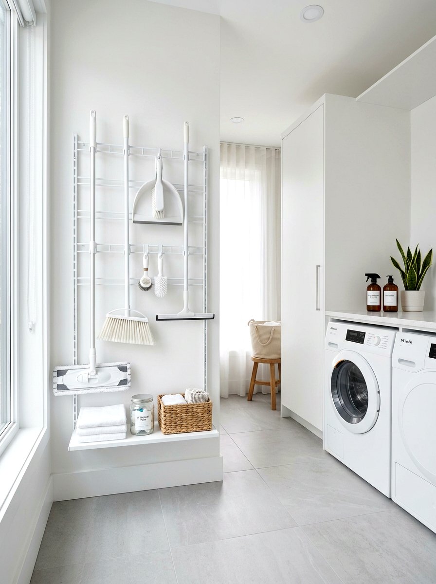 Minimalist White Metal Organizer - 30 mop broom storage ideas