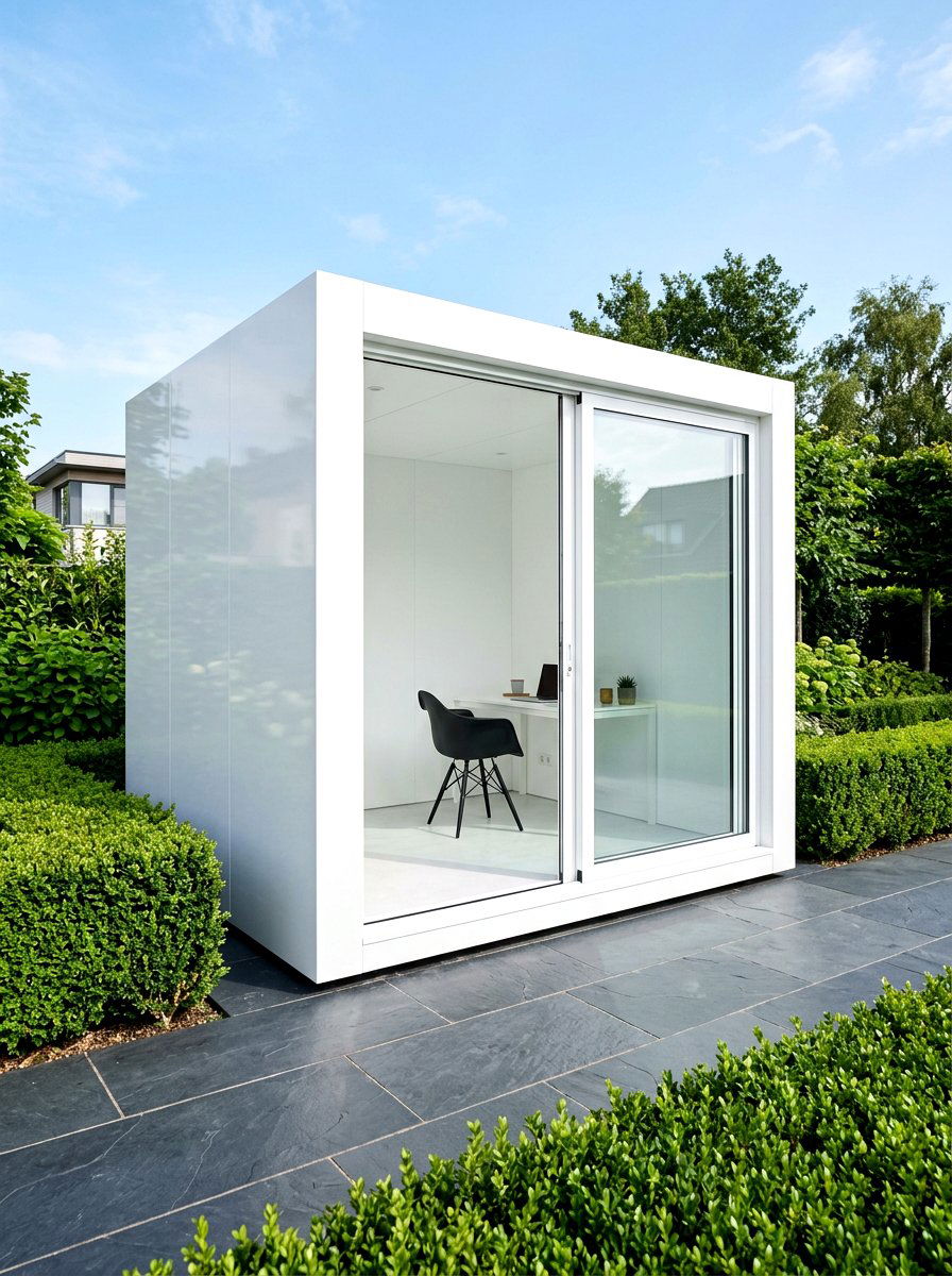 Minimalist White Office Pod - 30 office shed garden ideas