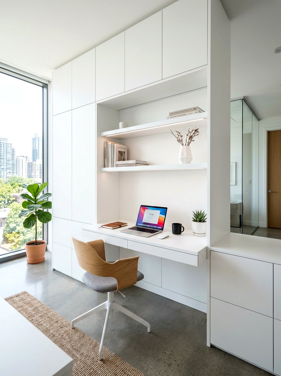 Minimalist White Office Wall Unit - 30 white office built in ideas