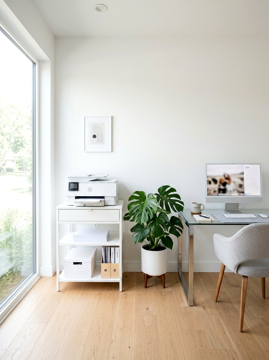 Minimalist White Printer Stand - 30 hidden printer cabinet ideas