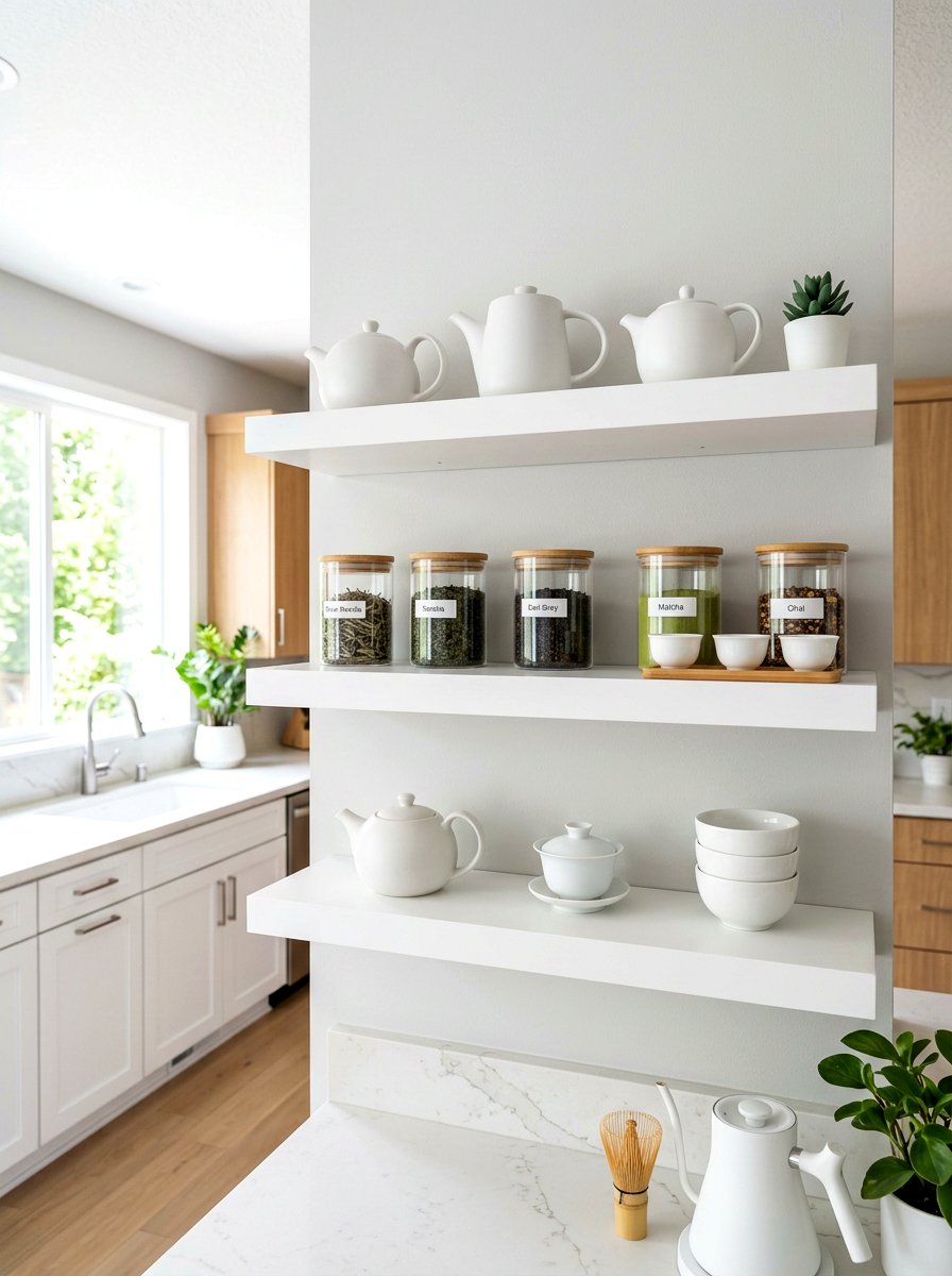 Minimalist White Shelf - 30 tea shelf styling ideas