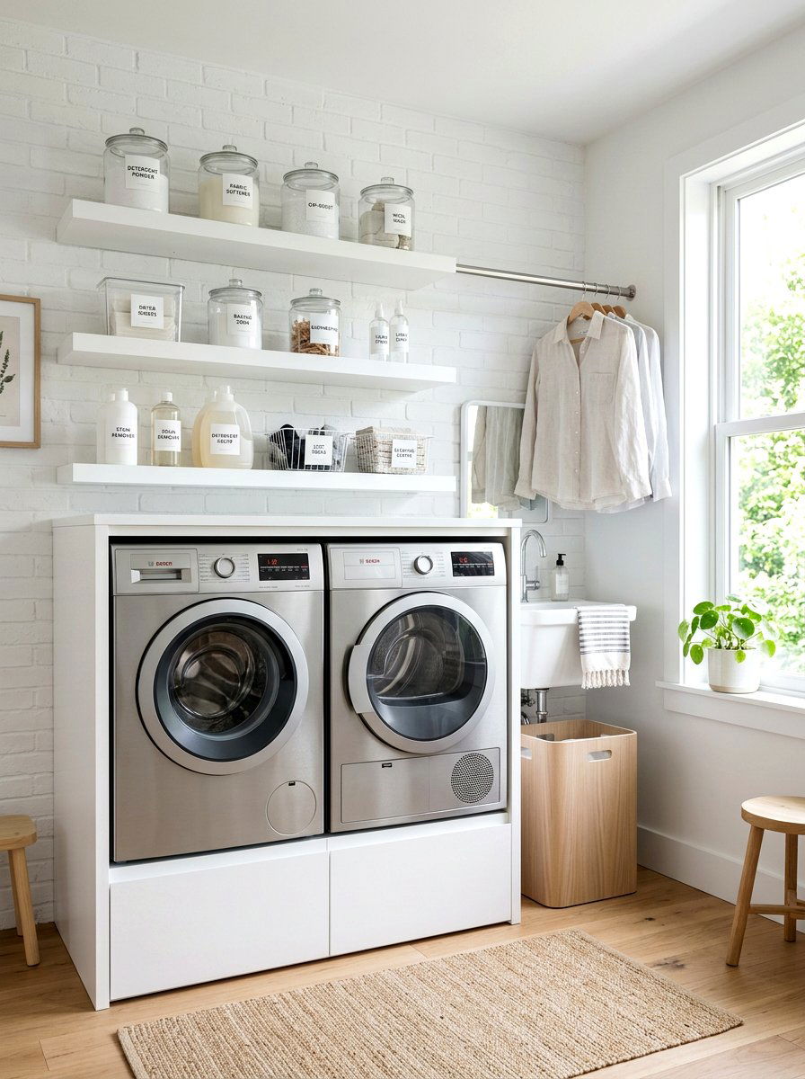 Minimalist White Shelves - 30 laundry room shelf ideas