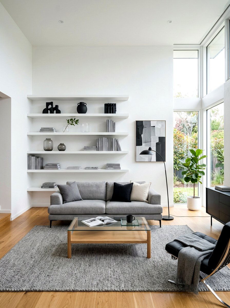 Minimalist White Shelving - 30 living room shelf decor ideas