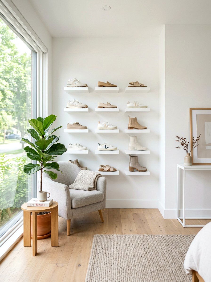Minimalist White Shoe Wall - 30 apartment shoe wall ideas