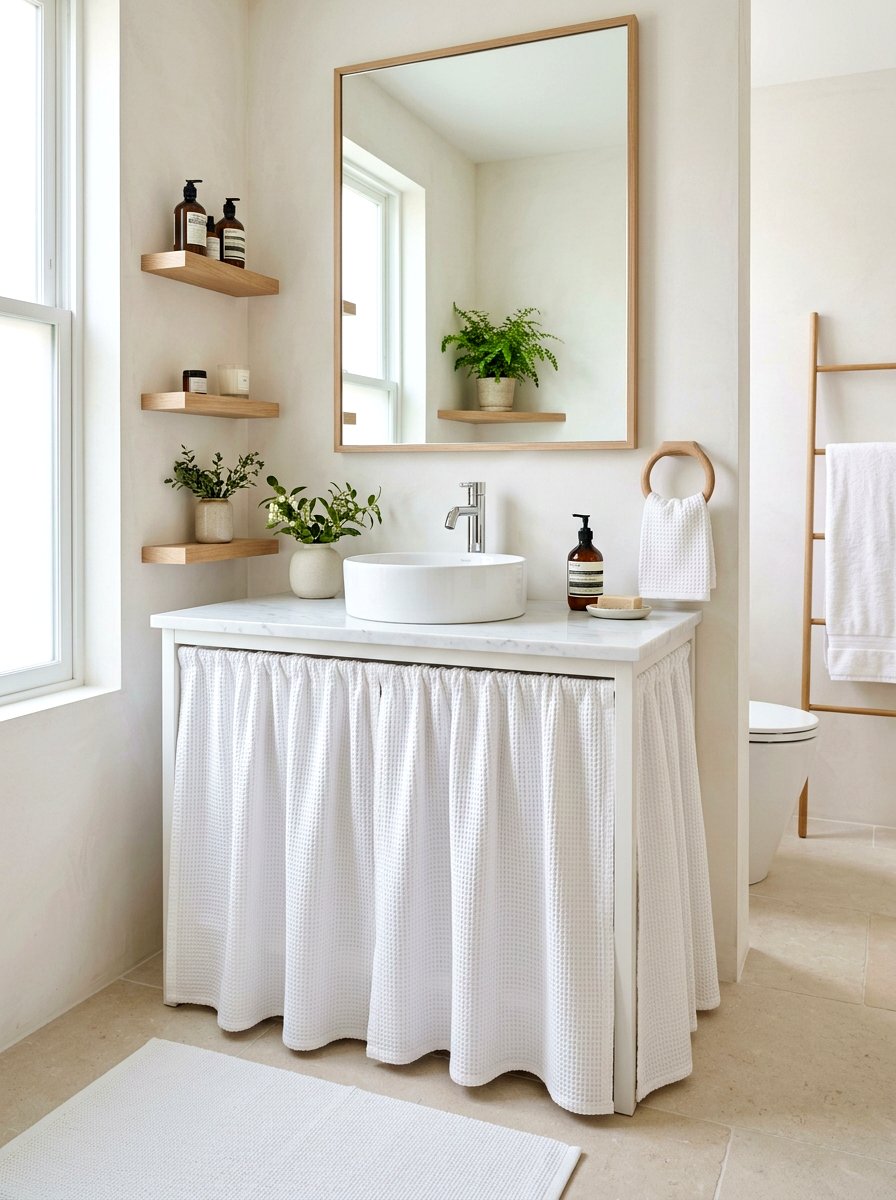 Minimalist White Skirted Vanity - 30 skirted powder room sink ideas