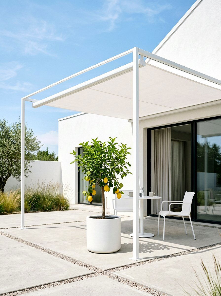 Minimalist White Steel Shade - 30 retractable pergola shade ideas