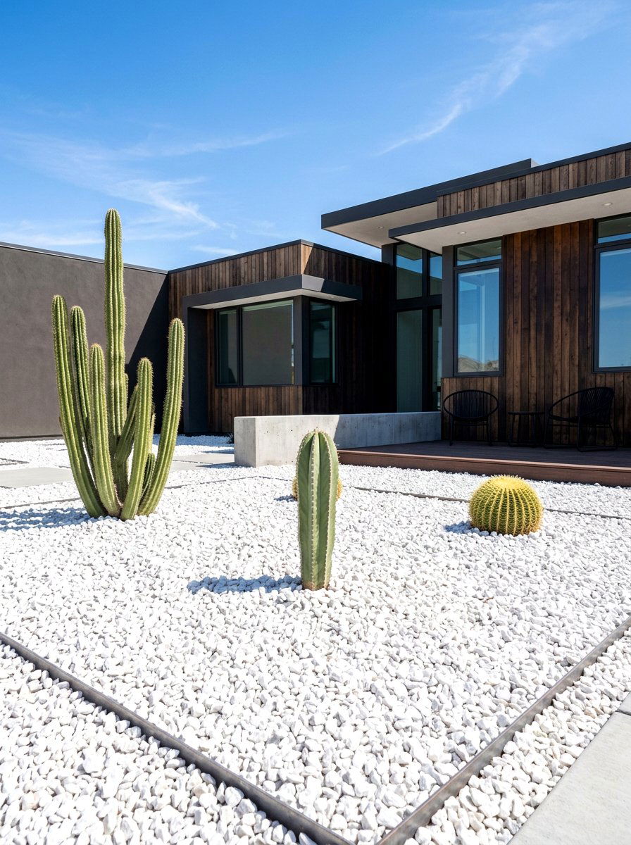 Minimalist White Stone Landscape - 30 cactus front yard ideas