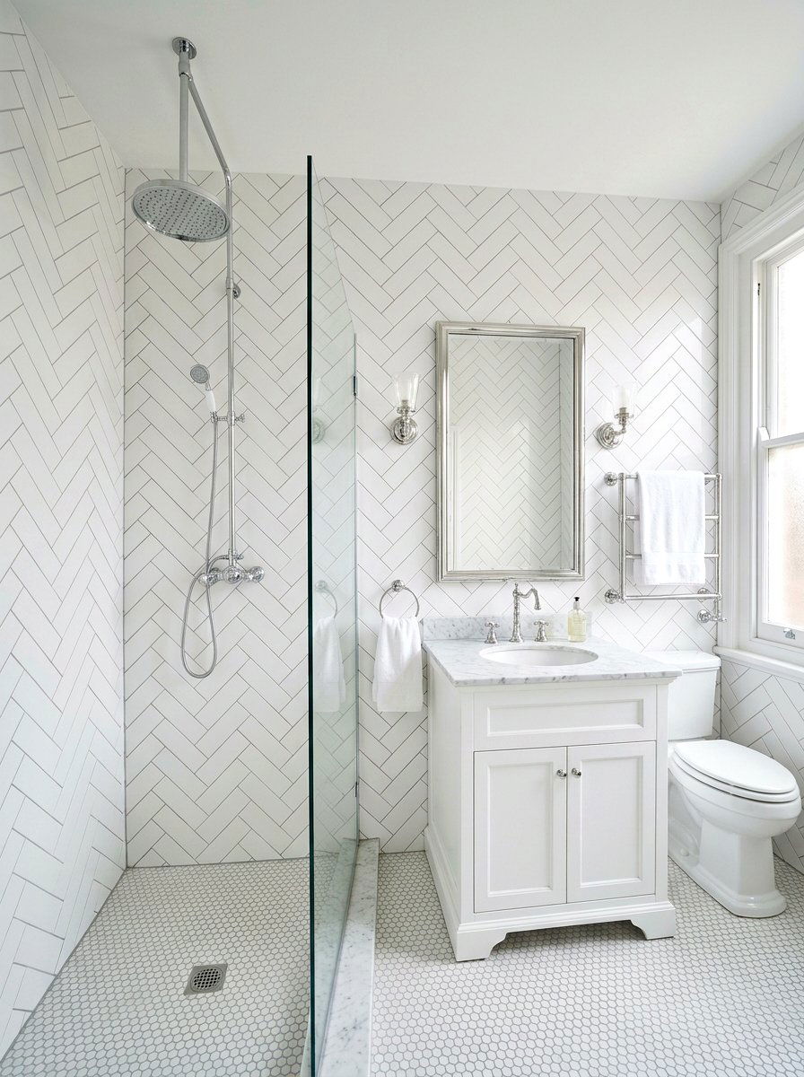Minimalist White Subway Tile - 30 rain shower bathroom ideas