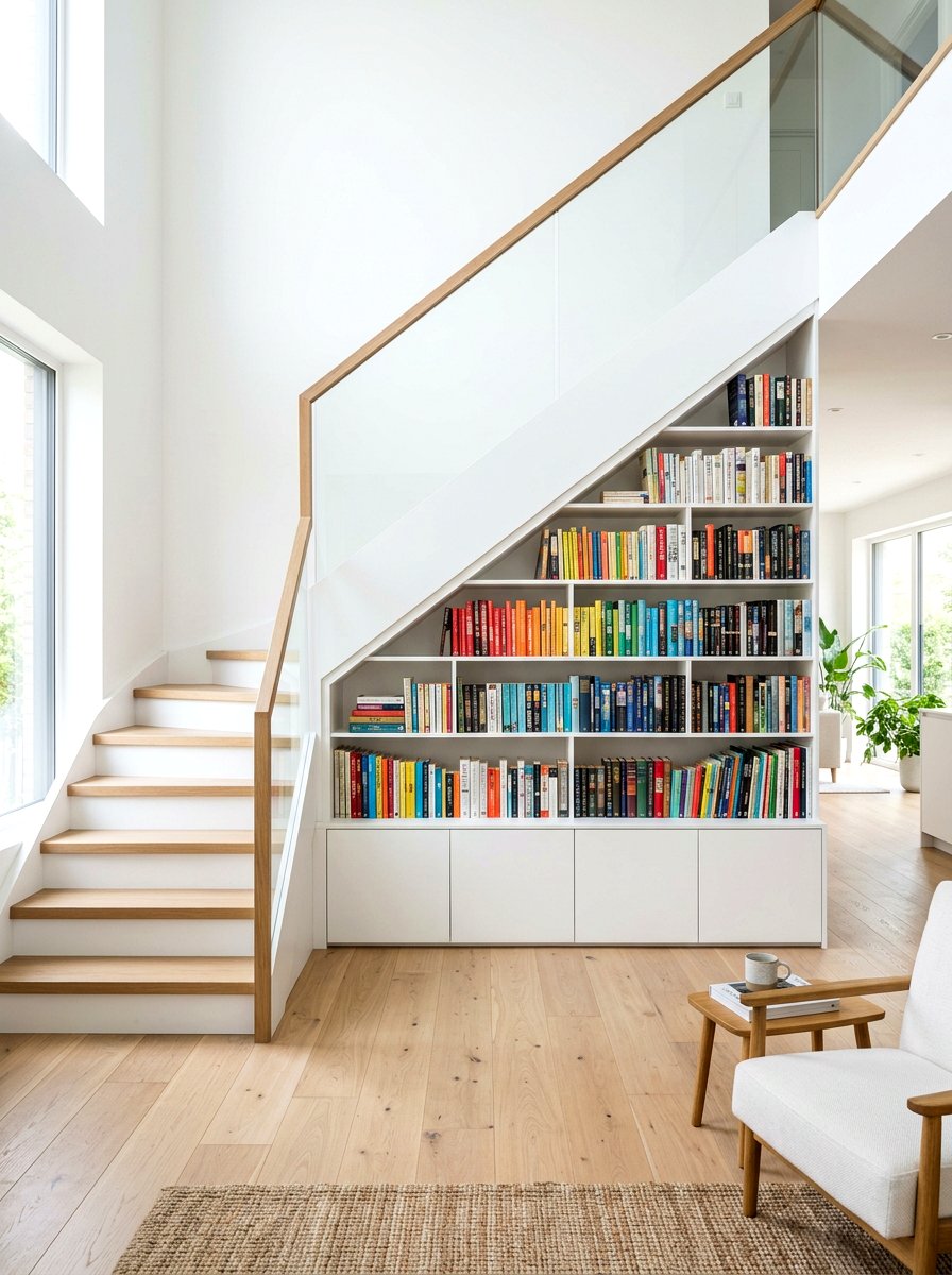 Minimalist White Under Staircase Library - 30 under staircase bookshelf ideas