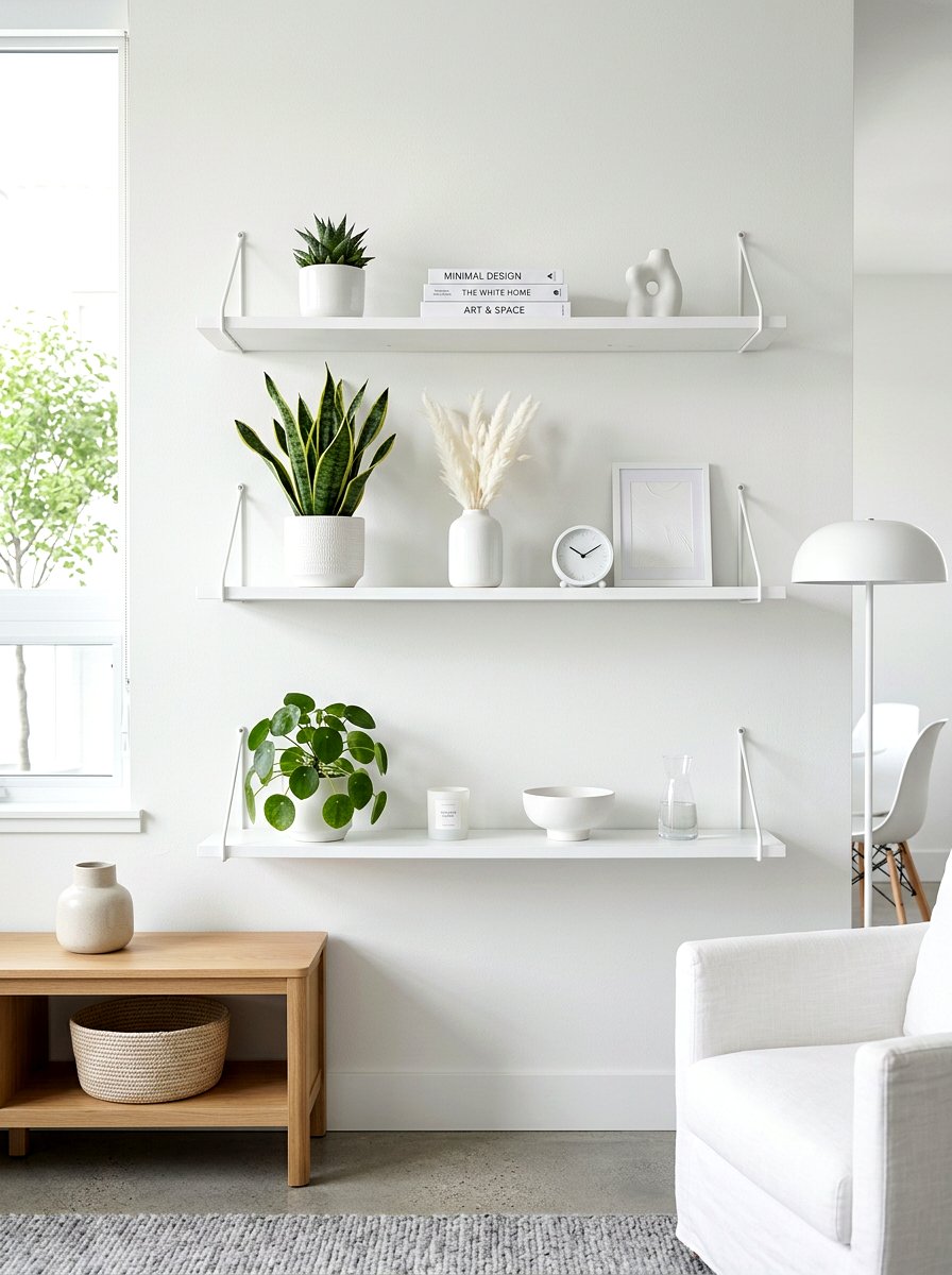 Minimalist White Wall Shelves - 30 office backdrop shelf ideas