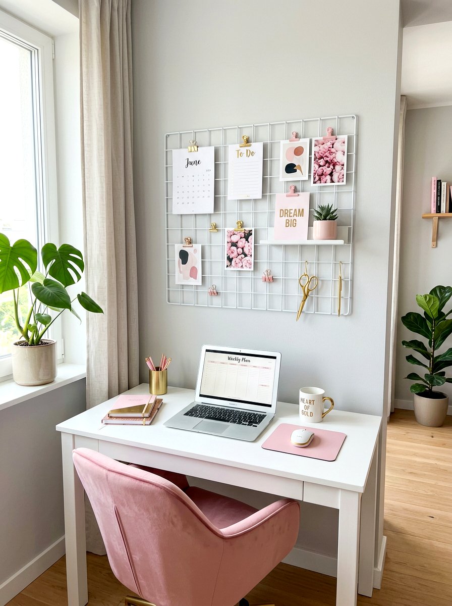 Minimalist White Wire Grid - 30 pin board office wall ideas
