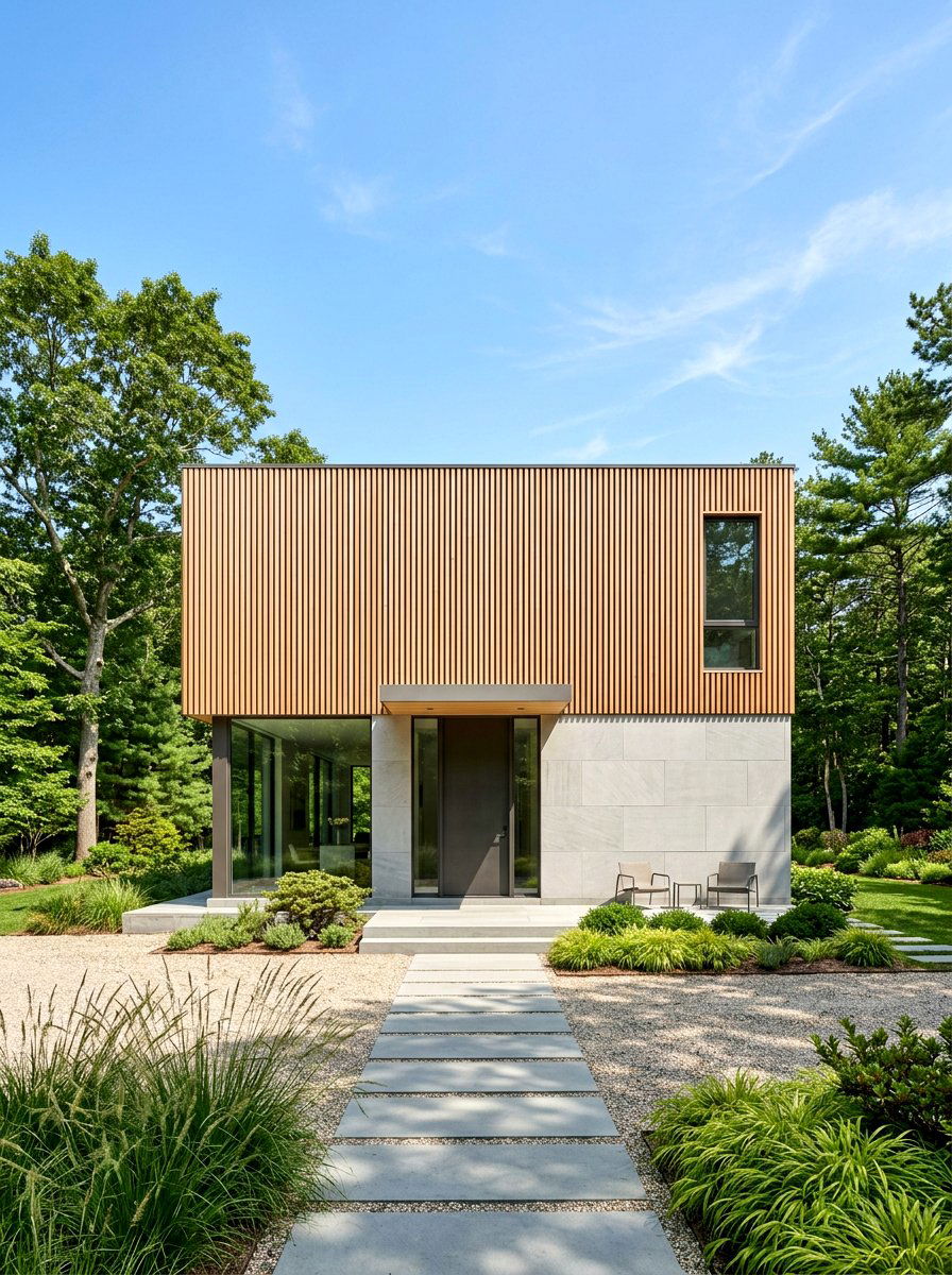 Minimalist Wood Slat And Smooth Stone Wall - 30 stone and wood exterior ideas
