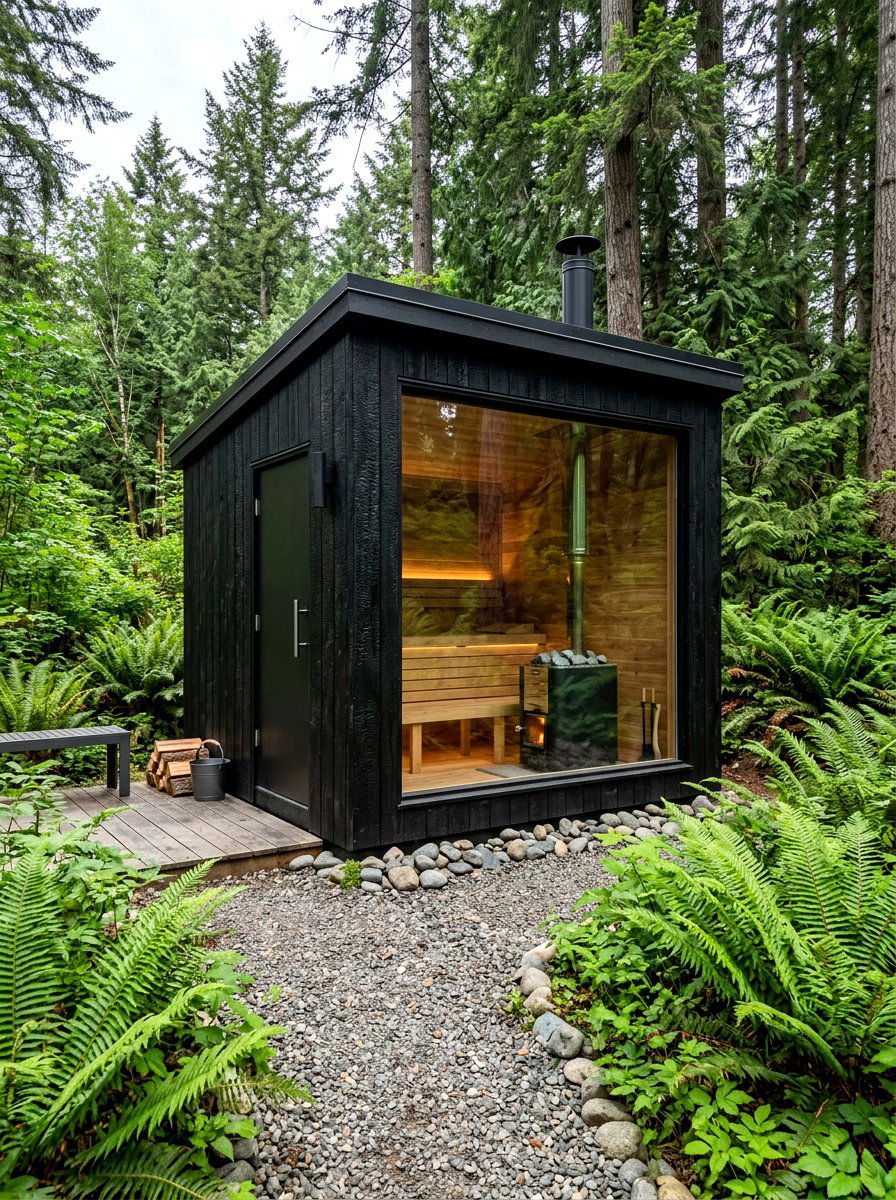 Minimalist black exterior sauna - 30 outdoor sauna backyard ideas aesthetic