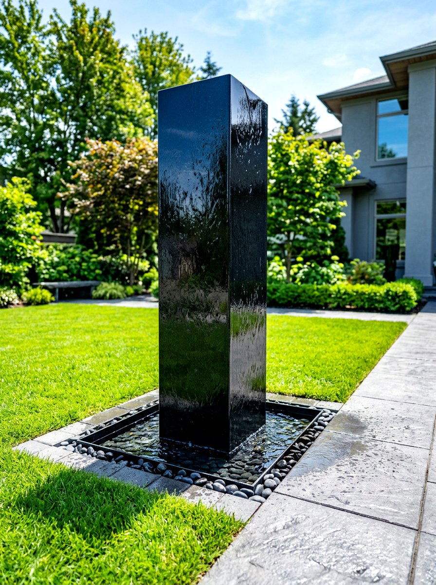 Minimalist black granite fountain - 30 front yard water feature ideas