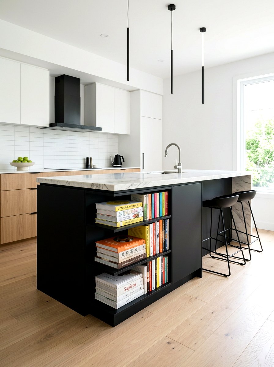 Minimalist black kitchen island bookshelf - 30 island bookshelf ideas