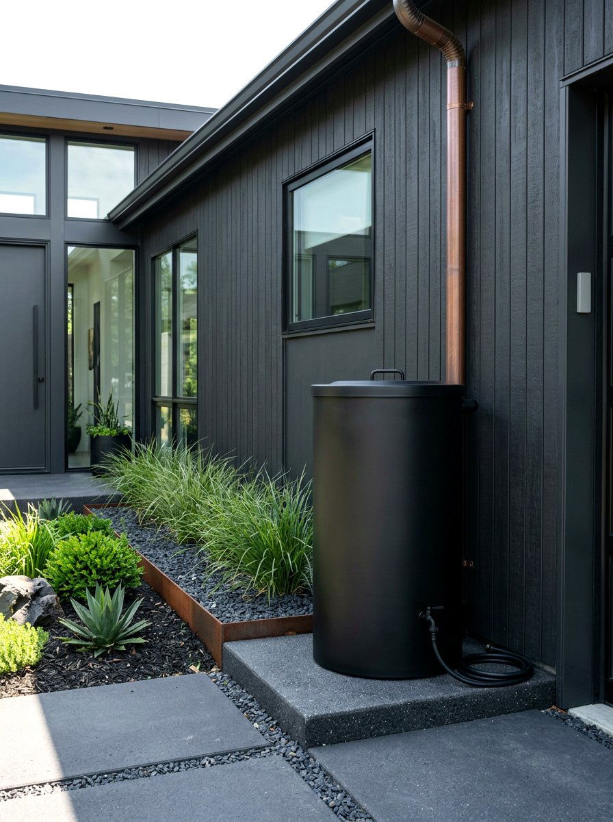 Minimalist black matte rain barrel - 30 rain barrel ideas