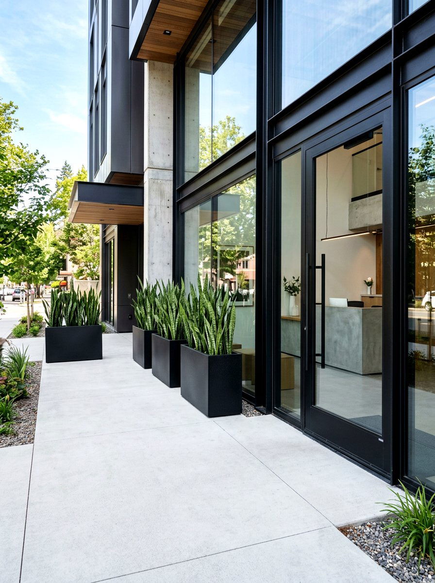 Minimalist black metal planters - 30 front porch planter ideas