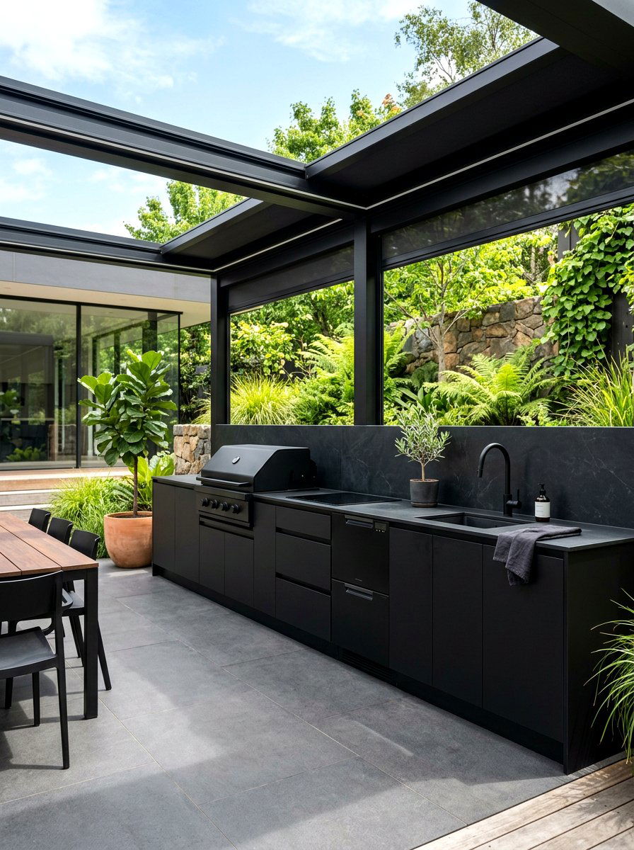 Minimalist black outdoor kitchen - 30 patio cooking area ideas