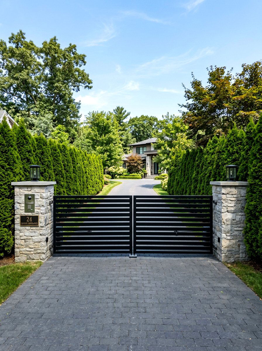 Minimalist black steel gate - 30 quiet luxury curb appeal ideas