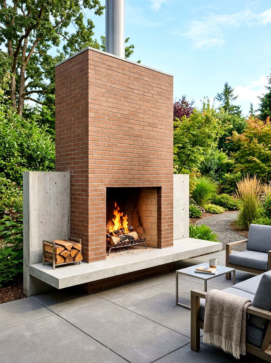 Minimalist brick fireplace concrete hearth - 30 brick outdoor fireplace ideas